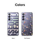 Galaxy S24 Plus Case | Fusion Design - Two Galaxy S24 Plus phones with Seoul typography and Dry Flowers patterns.
