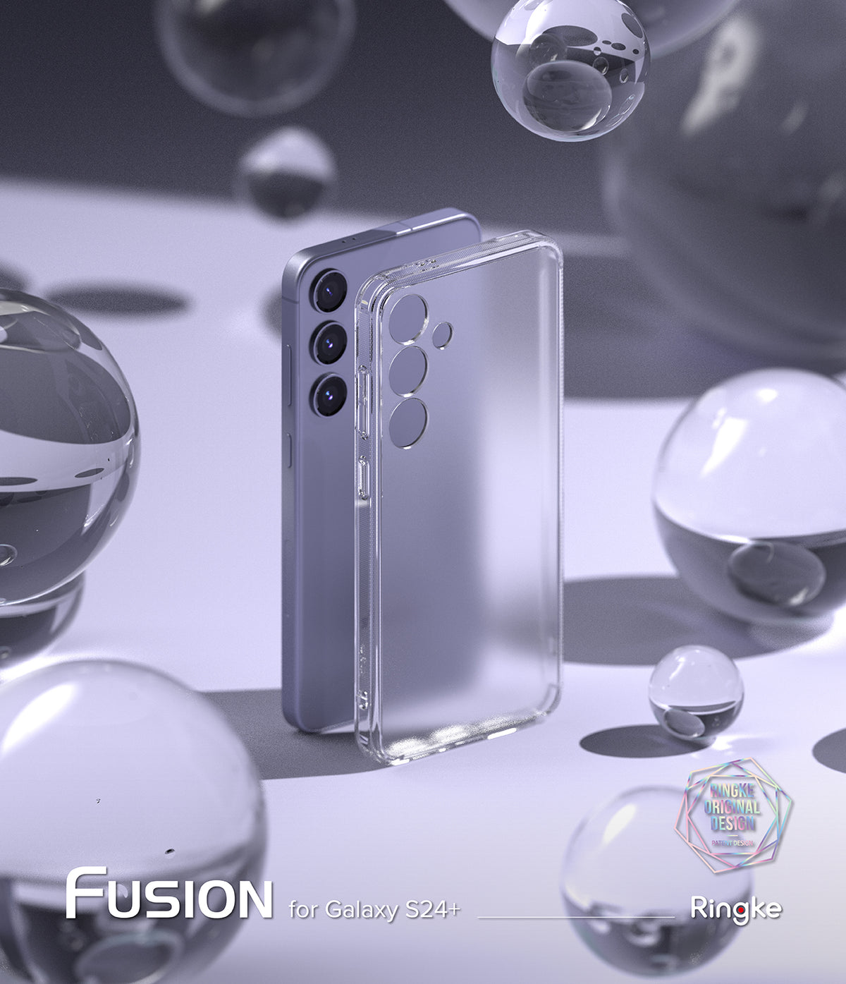 Galaxy S24 Plus Case | Fusion Matte - A purple Galaxy S24+ phone beside a clear matte case, surrounded by floating glass spheres.