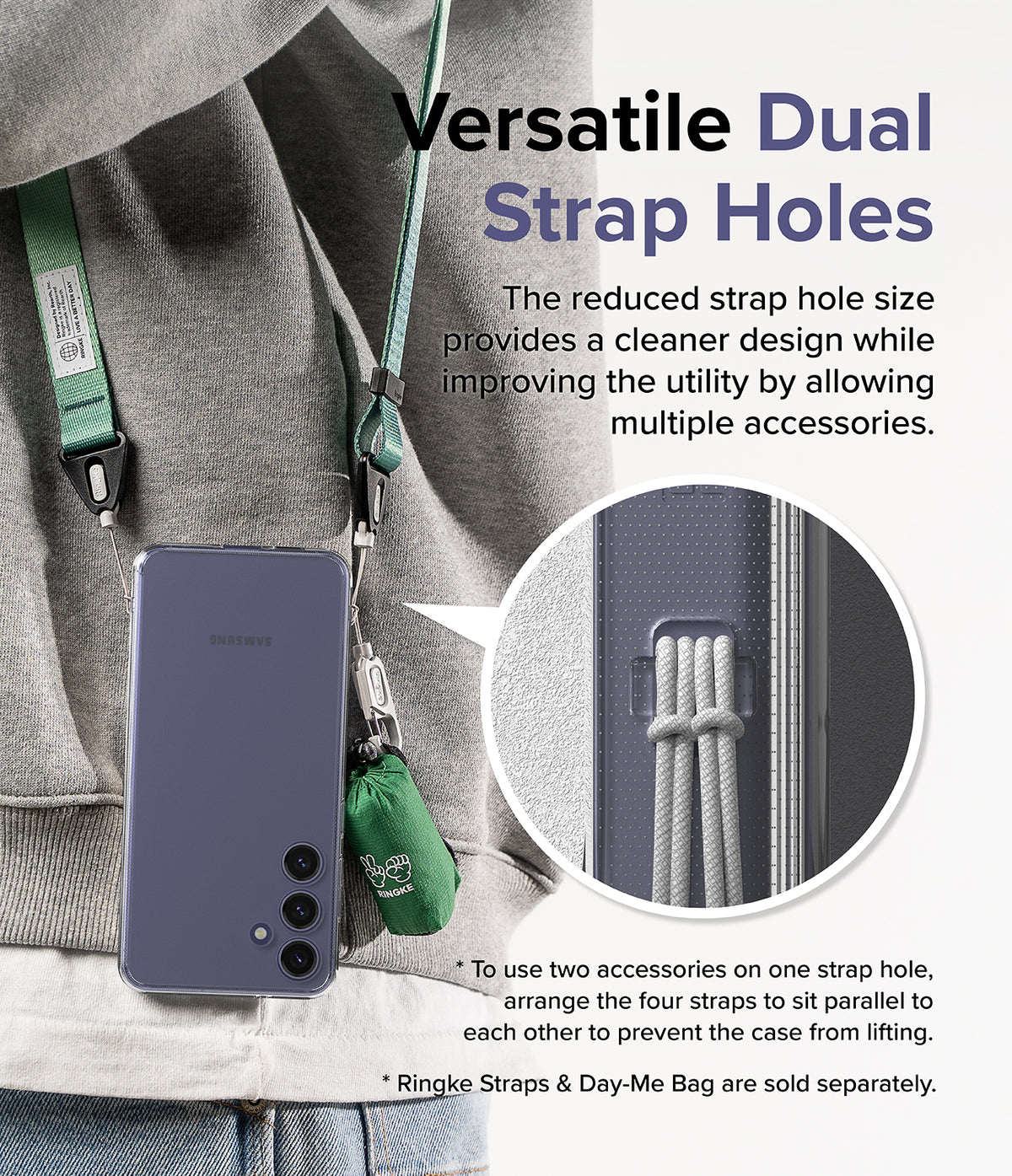 Galaxy S24 Plus Case | Fusion Matte - Phone case with dual strap holes holding a green strap and small accessory bag.
