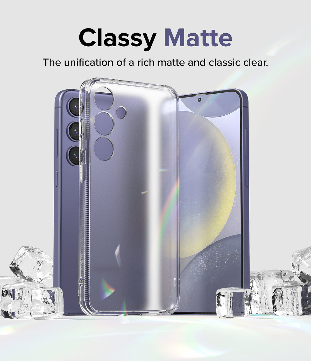 Galaxy S24 Plus Case | Fusion Matte - A clear matte phone case standing in front of a purple smartphone surrounded by ice cubes.