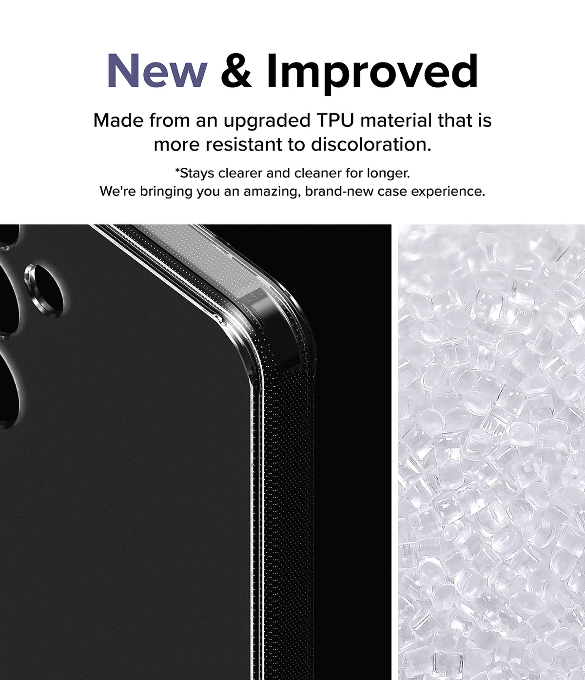Galaxy S24 Plus Case | Fusion Matte - Close-up of a clear phone case corner next to raw, transparent TPU plastic pellets.