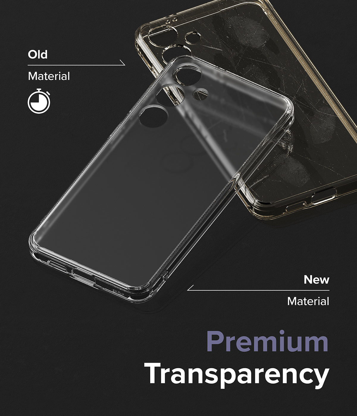 Galaxy S24 Plus Case | Fusion Matte - Comparison of a yellowed, smudged old phone case versus a clear new premium case.
