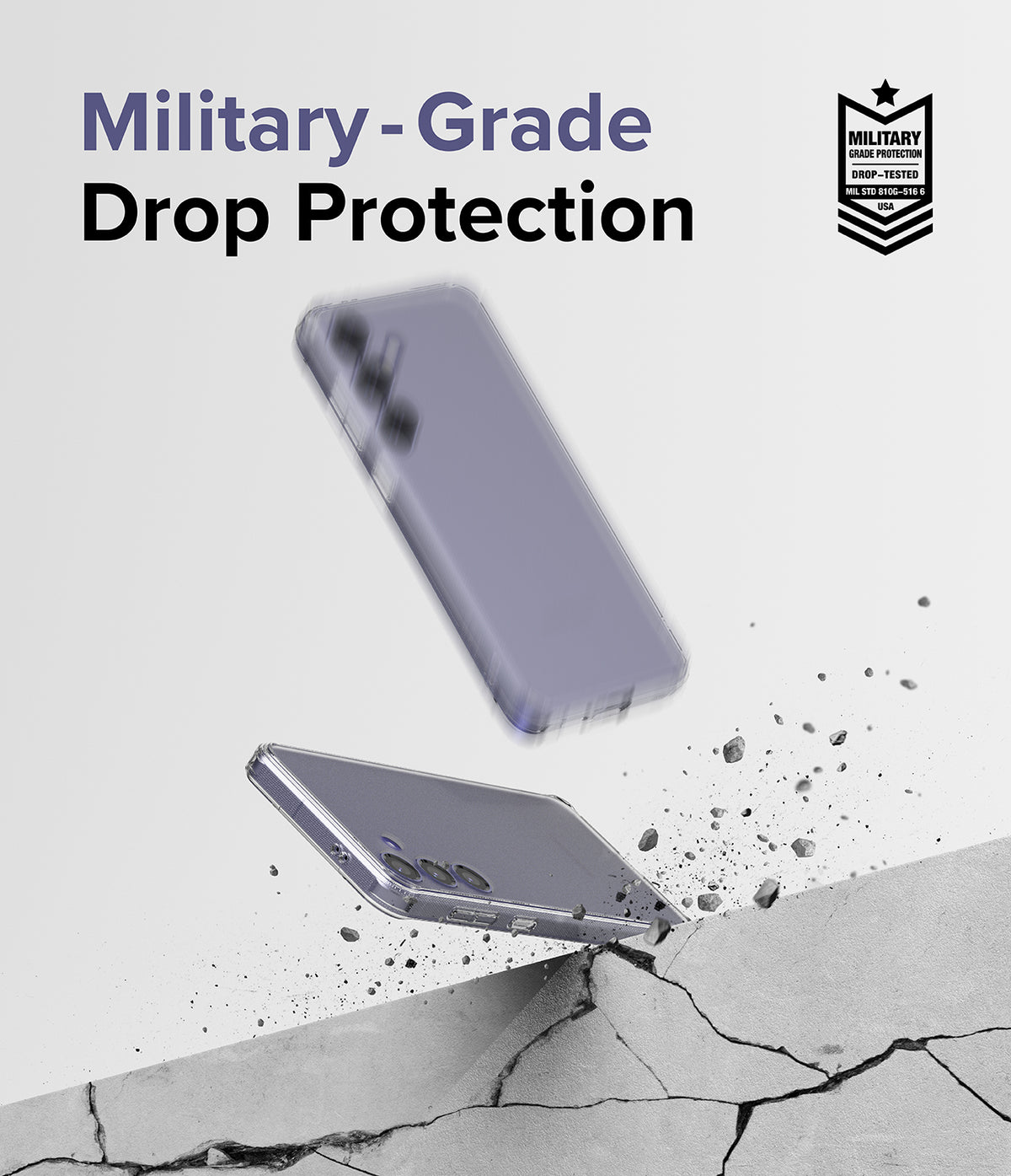 Galaxy S24 Plus Case | Fusion Matte - Phone case hitting concrete with debris, showing military-grade drop protection.