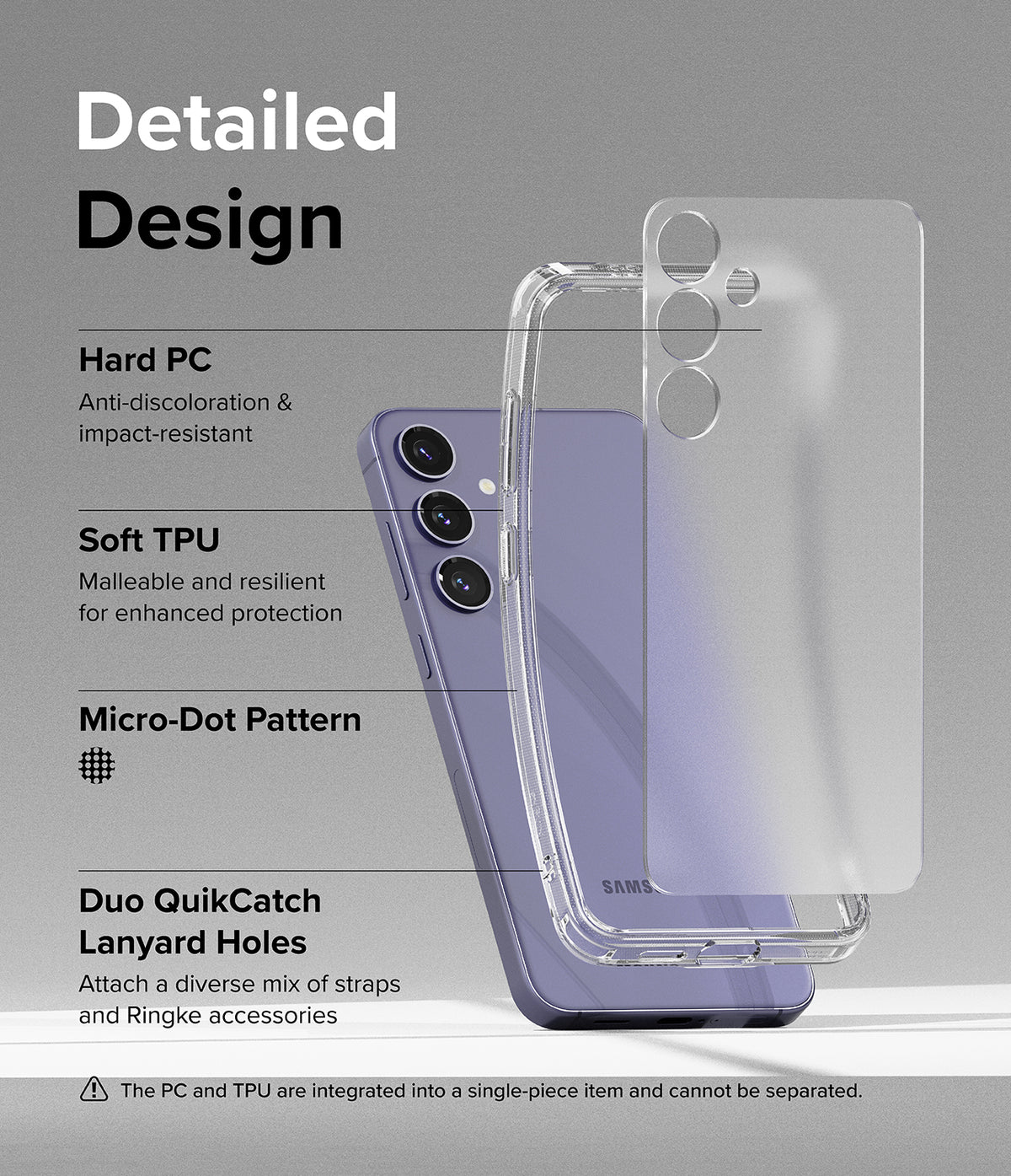 Galaxy S24 Plus Case | Fusion Matte - Exploded view of a purple phone and its protective case highlighting material features.