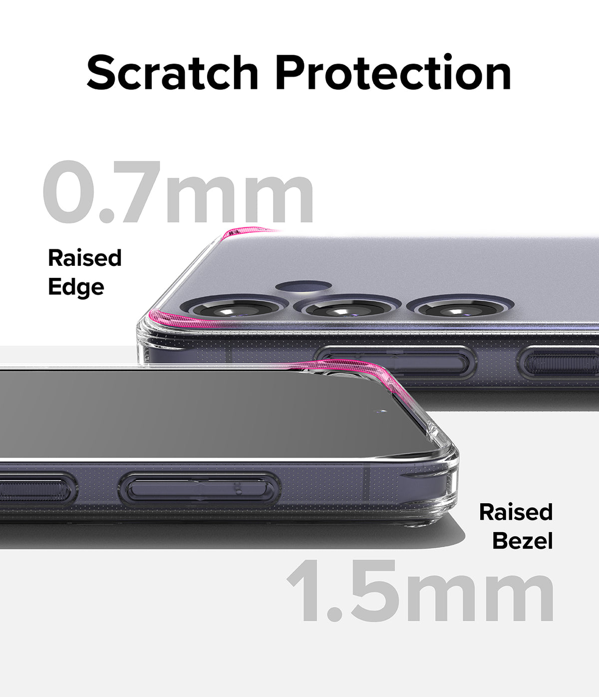 Galaxy S24 Plus Case | Fusion Matte - Close-up showing 0.7mm raised camera edges and 1.5mm raised screen bezel for protection.