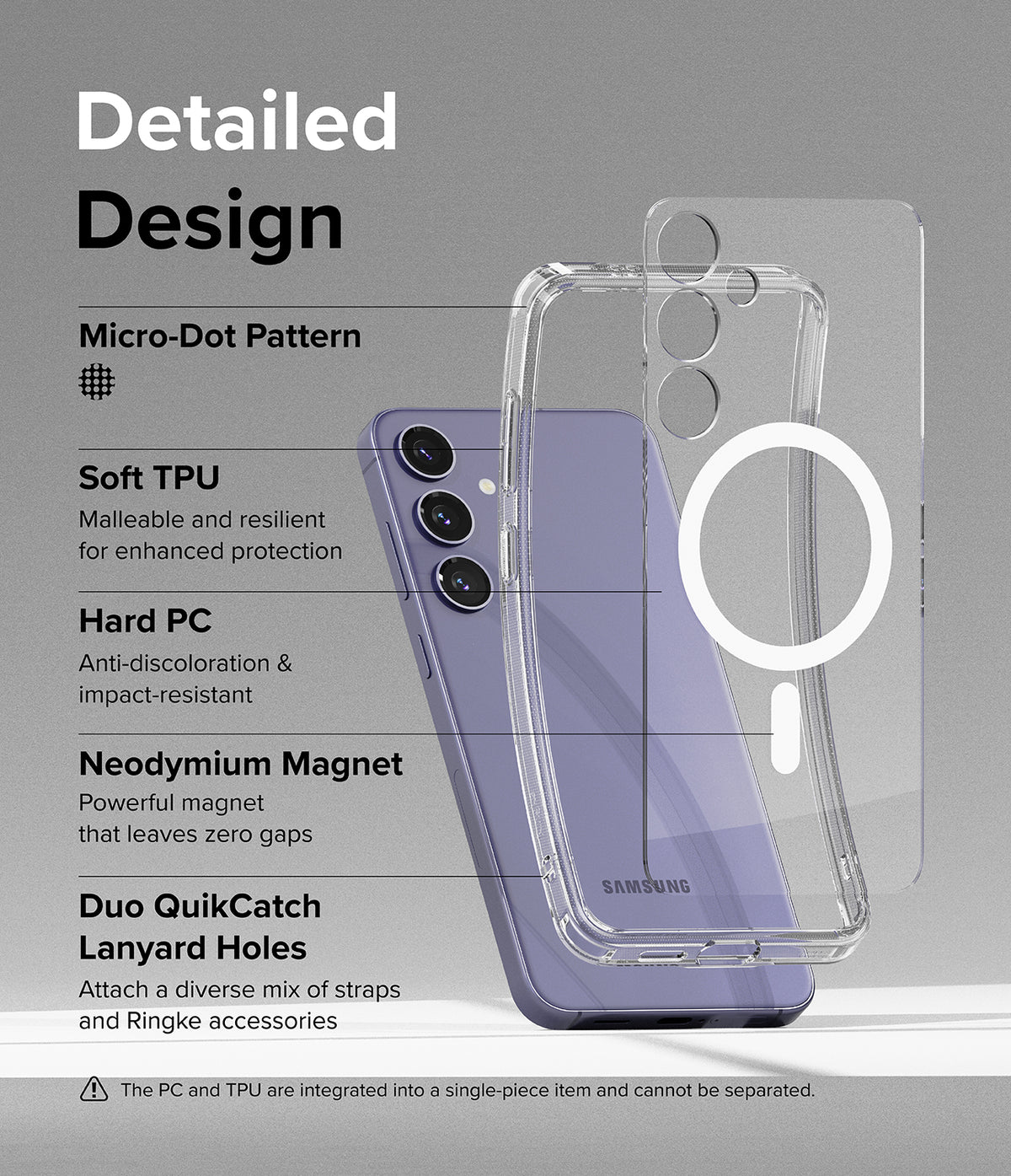 Galaxy S24 Plus Case | Fusion Magnetic - Exploded view of a clear magnetic phone case over a purple Galaxy S24 Plus.