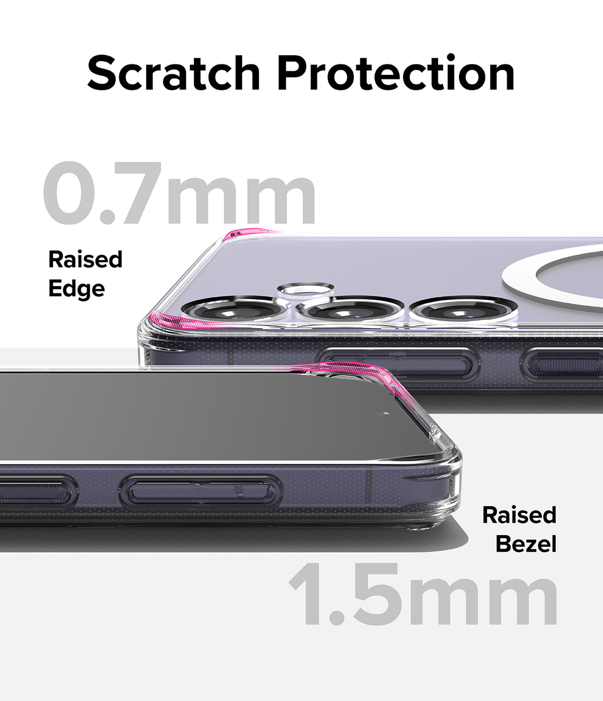 Galaxy S24 Plus Case | Fusion Magnetic - Close-up showing 0.7mm camera edge and 1.5mm screen bezel for scratch protection.