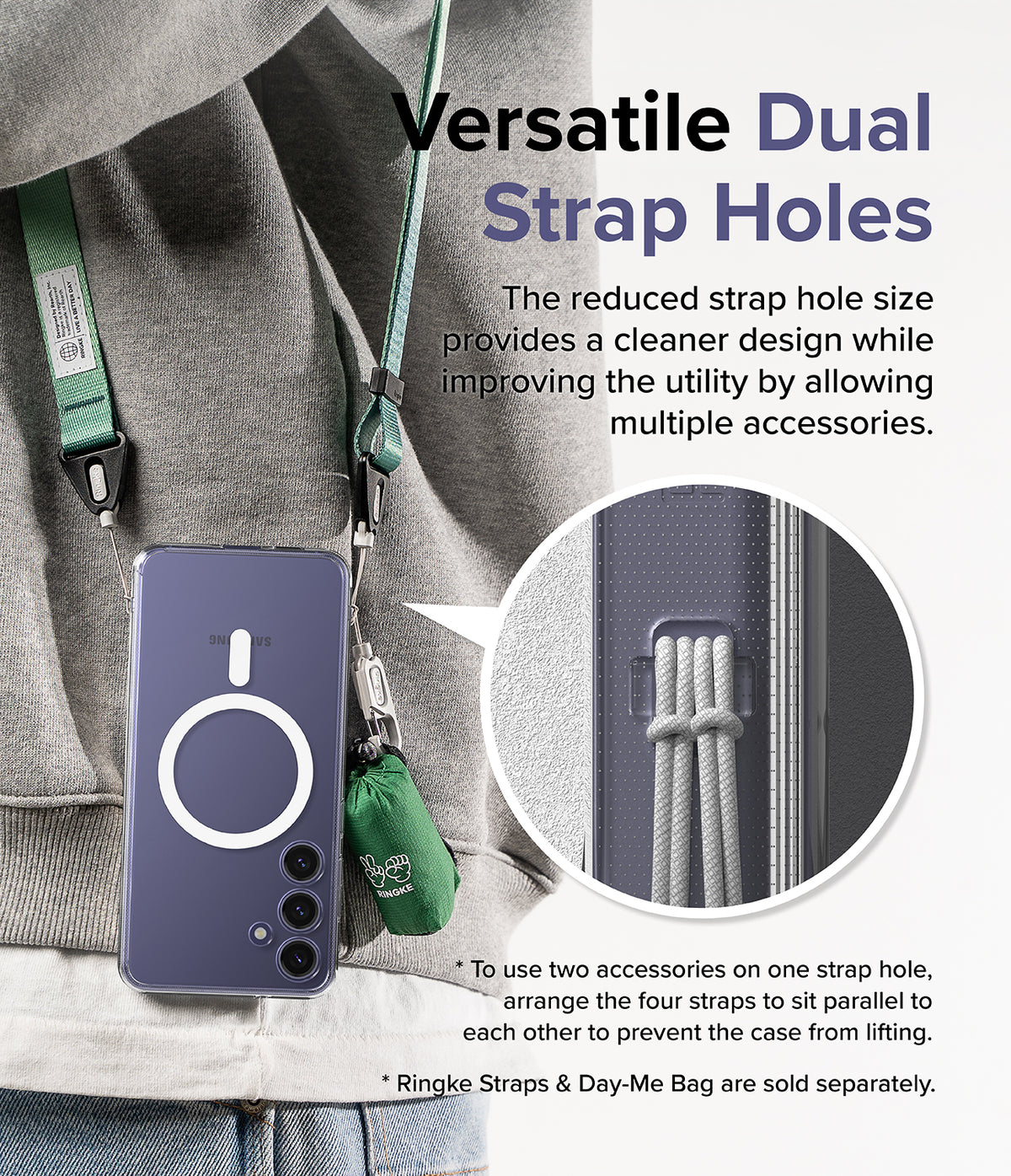 Galaxy S24 Plus Case | Fusion Magnetic - A phone case with dual strap holes holding multiple accessories via lanyards.