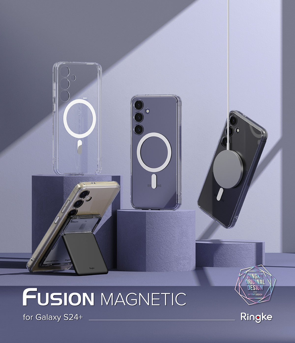 Galaxy S24 Plus Case | Fusion Magnetic - Clear magnetic cases for Galaxy S24+ displayed on purple blocks with a charger.