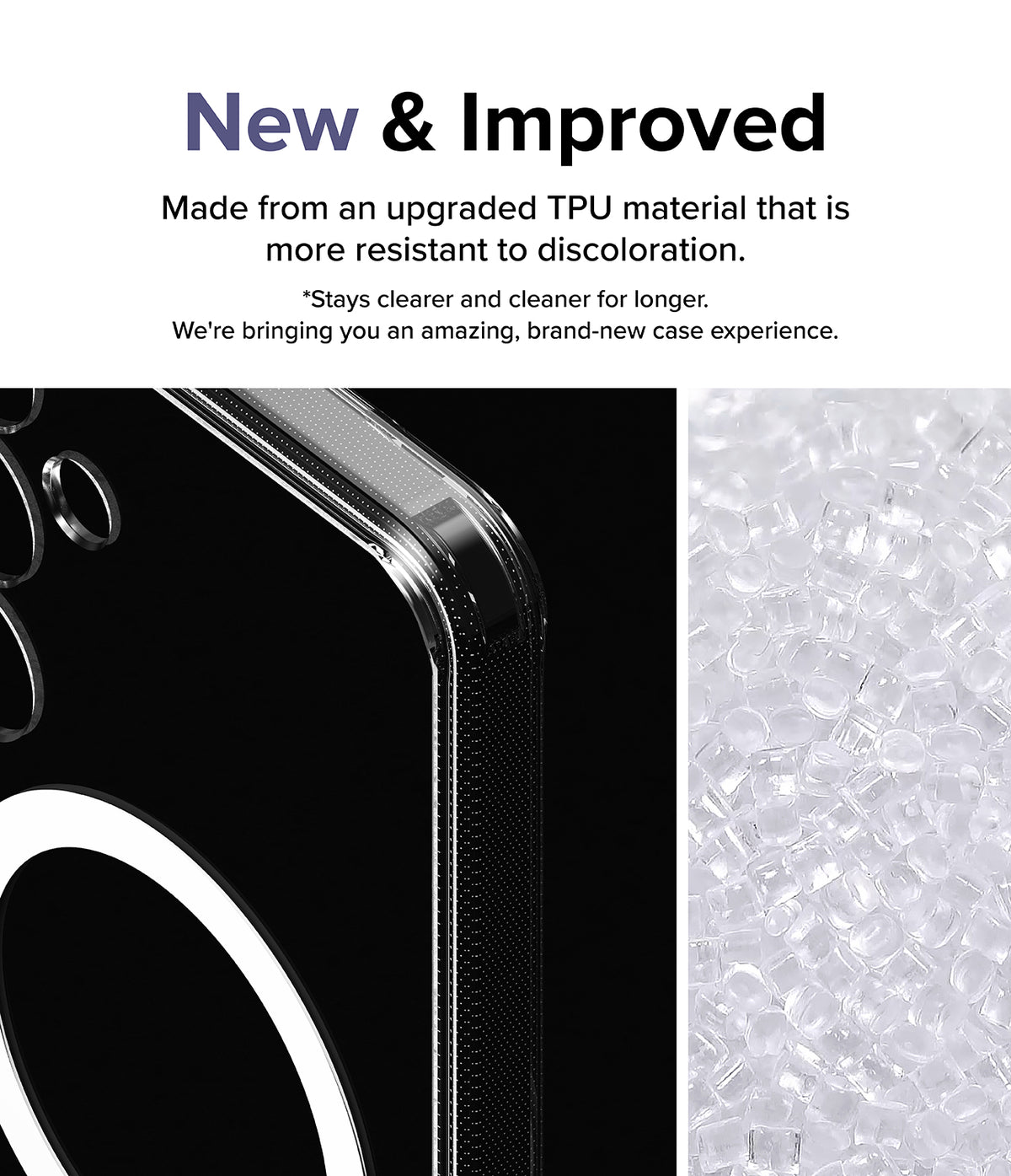 Galaxy S24 Plus Case | Fusion Magnetic - Close-up of a clear phone case corner next to a pile of raw TPU material pellets.