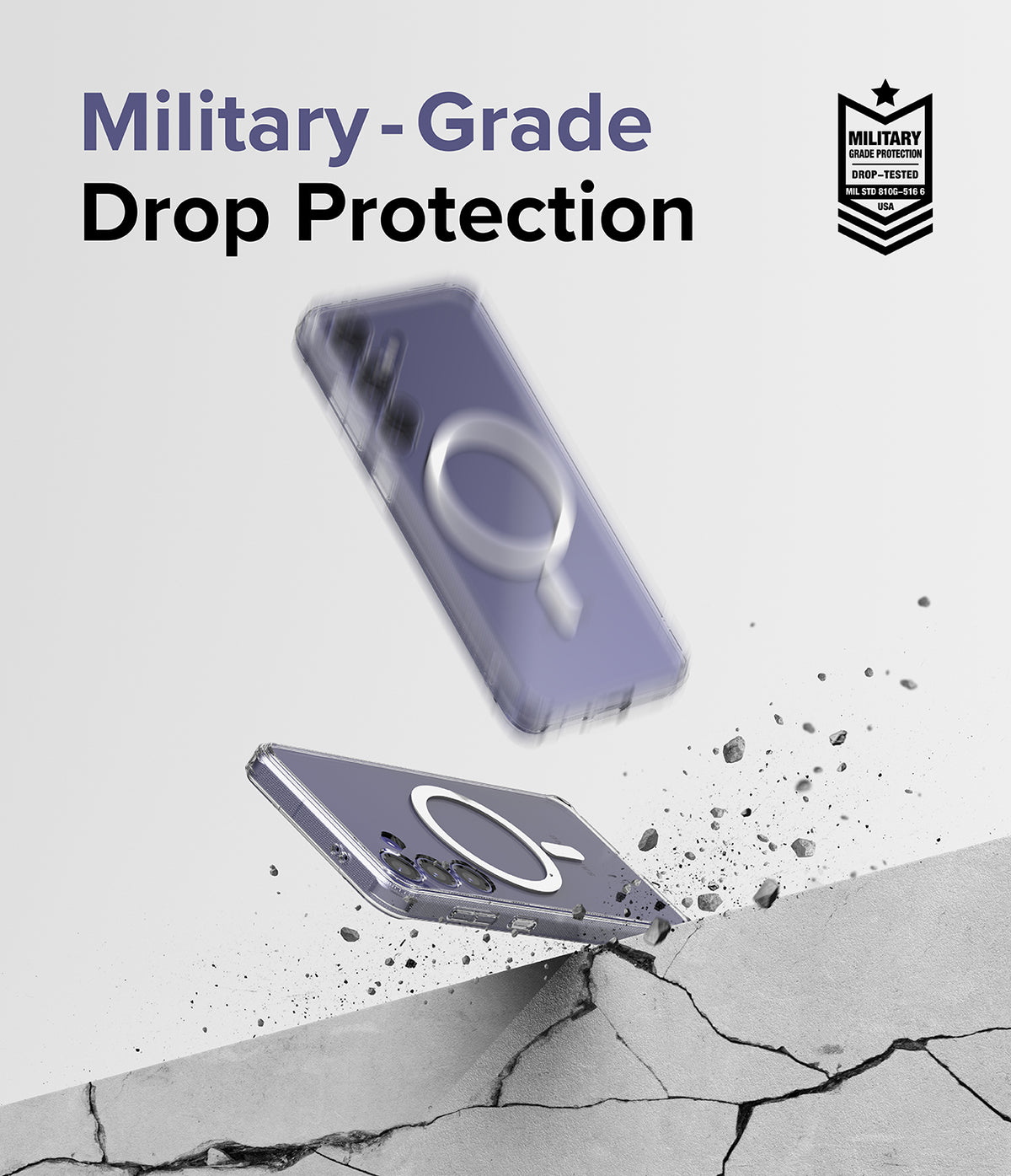 Galaxy S24 Plus Case | Fusion Magnetic - A phone in a clear magnetic case falling toward a cracked concrete surface.
