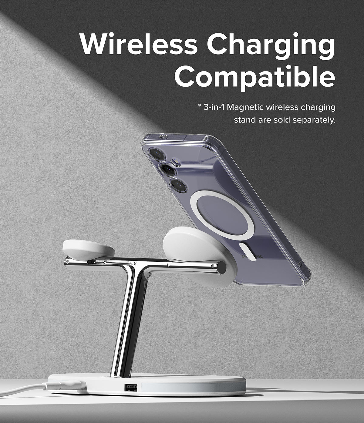 Galaxy S24 Plus Case | Fusion Magnetic - Smartphone in a clear magnetic case attached to a wireless charging stand.