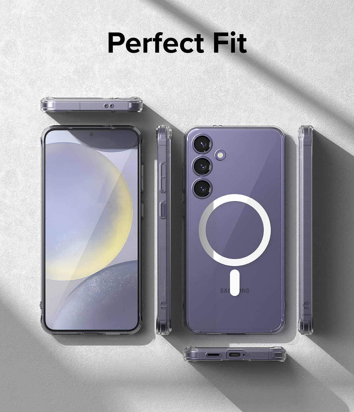 Galaxy S24 Plus Case | Fusion Magnetic - Clear phone case showing front, back, and side views of a purple Galaxy S24 Plus.