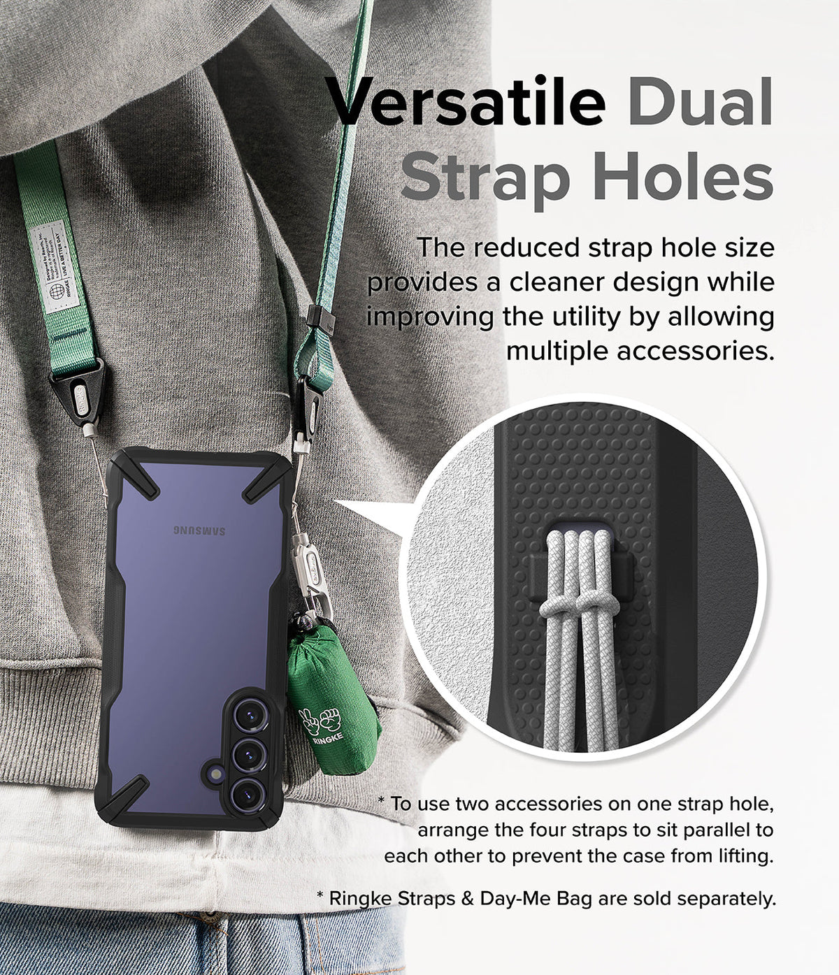 Galaxy S24 Plus Case | Fusion-X - Phone case with dual strap holes holding a green lanyard and a small accessory bag.