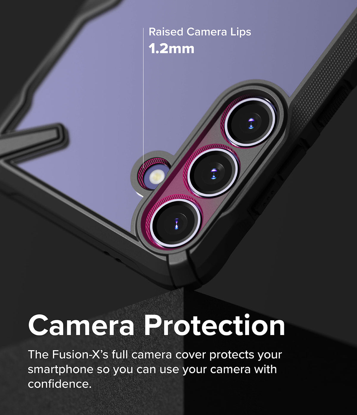 Galaxy S24 Plus Case | Fusion-X - Close-up of phone case showing 1.2mm raised camera lips for enhanced lens protection.