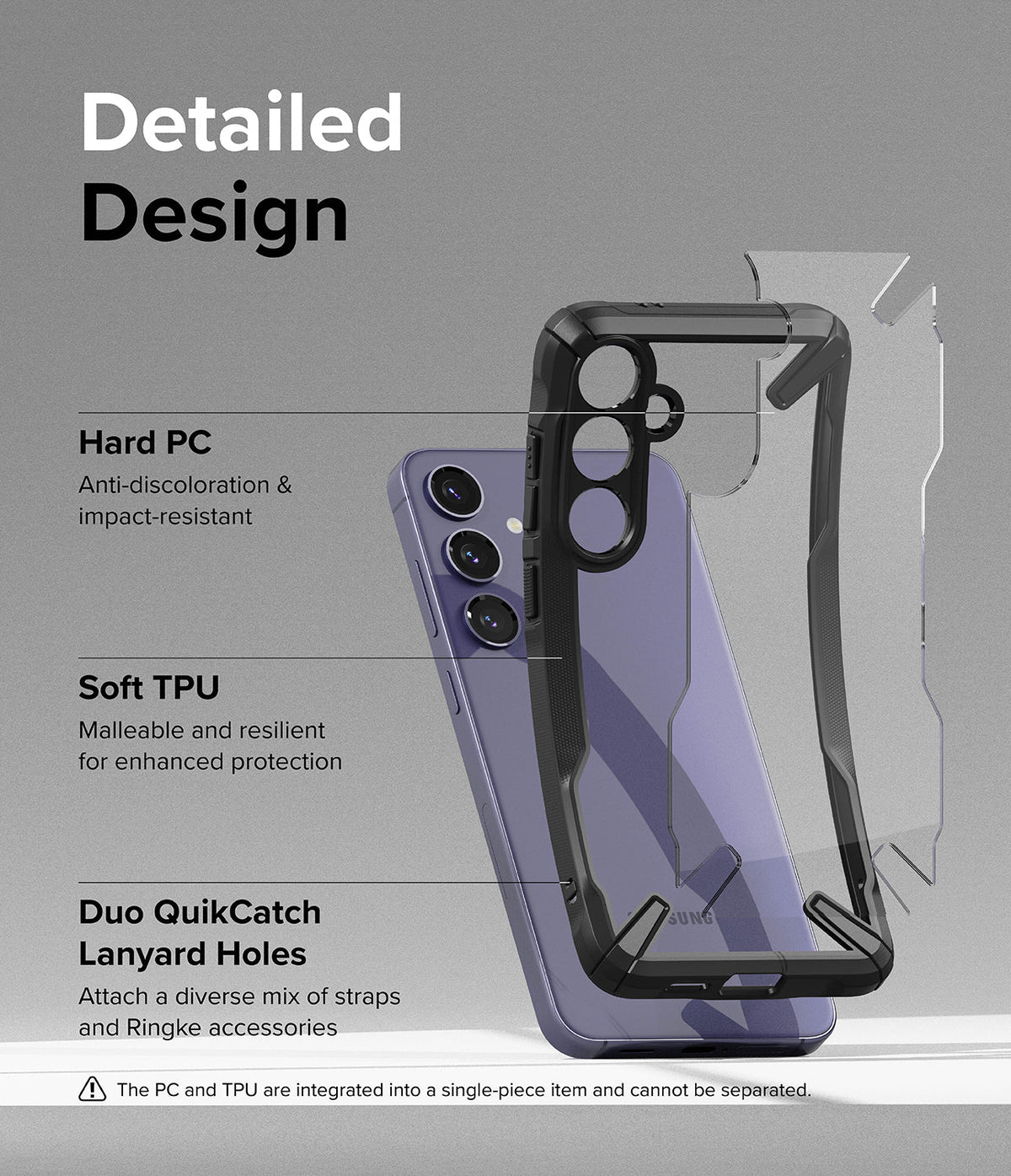 Galaxy S24 Plus Case | Fusion-X - Exploded view of a black phone case highlighting PC, TPU, and lanyard hole features.