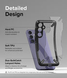 Galaxy S24 Plus Case | Fusion-X - Exploded view of a black phone case highlighting PC, TPU, and lanyard hole features.