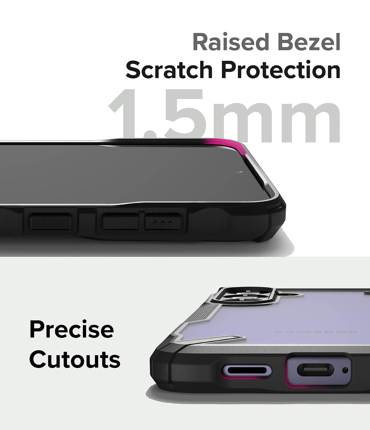 Galaxy S24 Plus Case | Fusion-X - Close-up of phone case showing 1.5mm raised screen bezel and precise port cutouts.