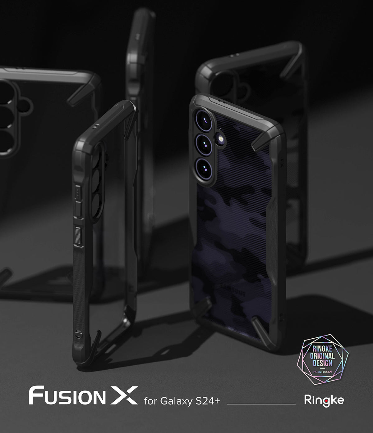 Galaxy S24 Plus Case | Fusion-X - Multiple black Fusion-X phone cases with camo patterns displayed on a dark surface.