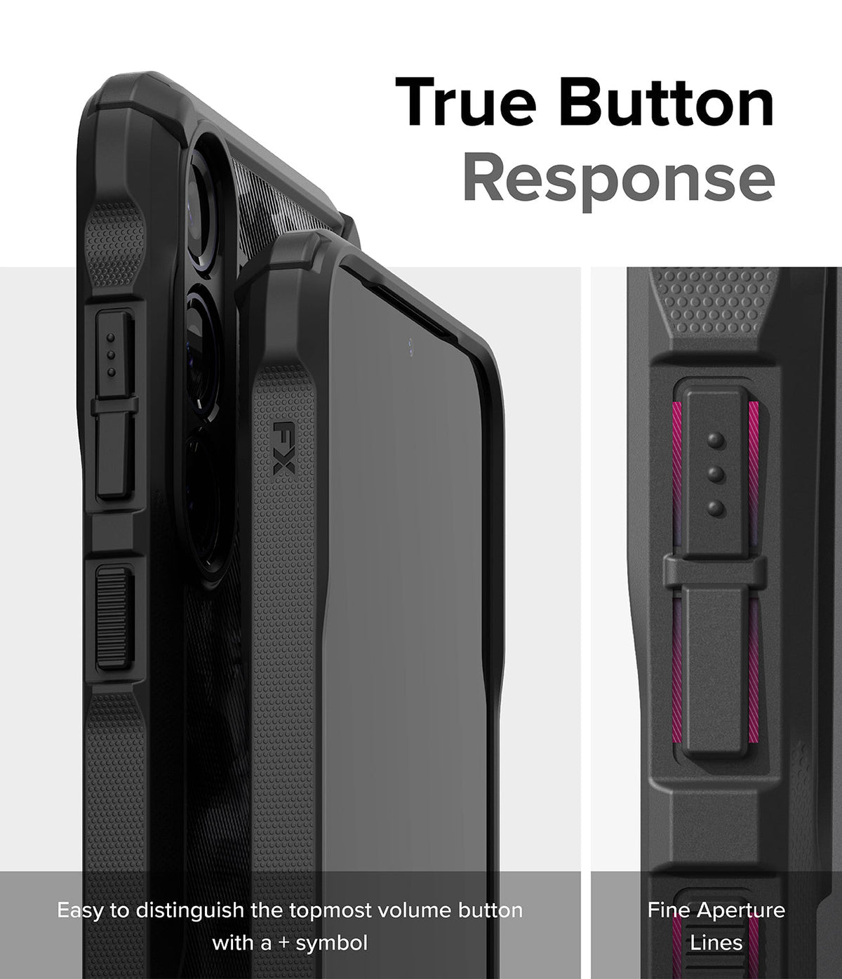 Galaxy S24 Plus Case | Fusion-X - Close-up of phone case buttons with a plus symbol and fine aperture lines for tactile response.