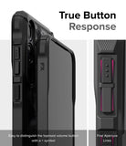 Galaxy S24 Plus Case | Fusion-X - Close-up of phone case buttons with a plus symbol and fine aperture lines for tactile response.