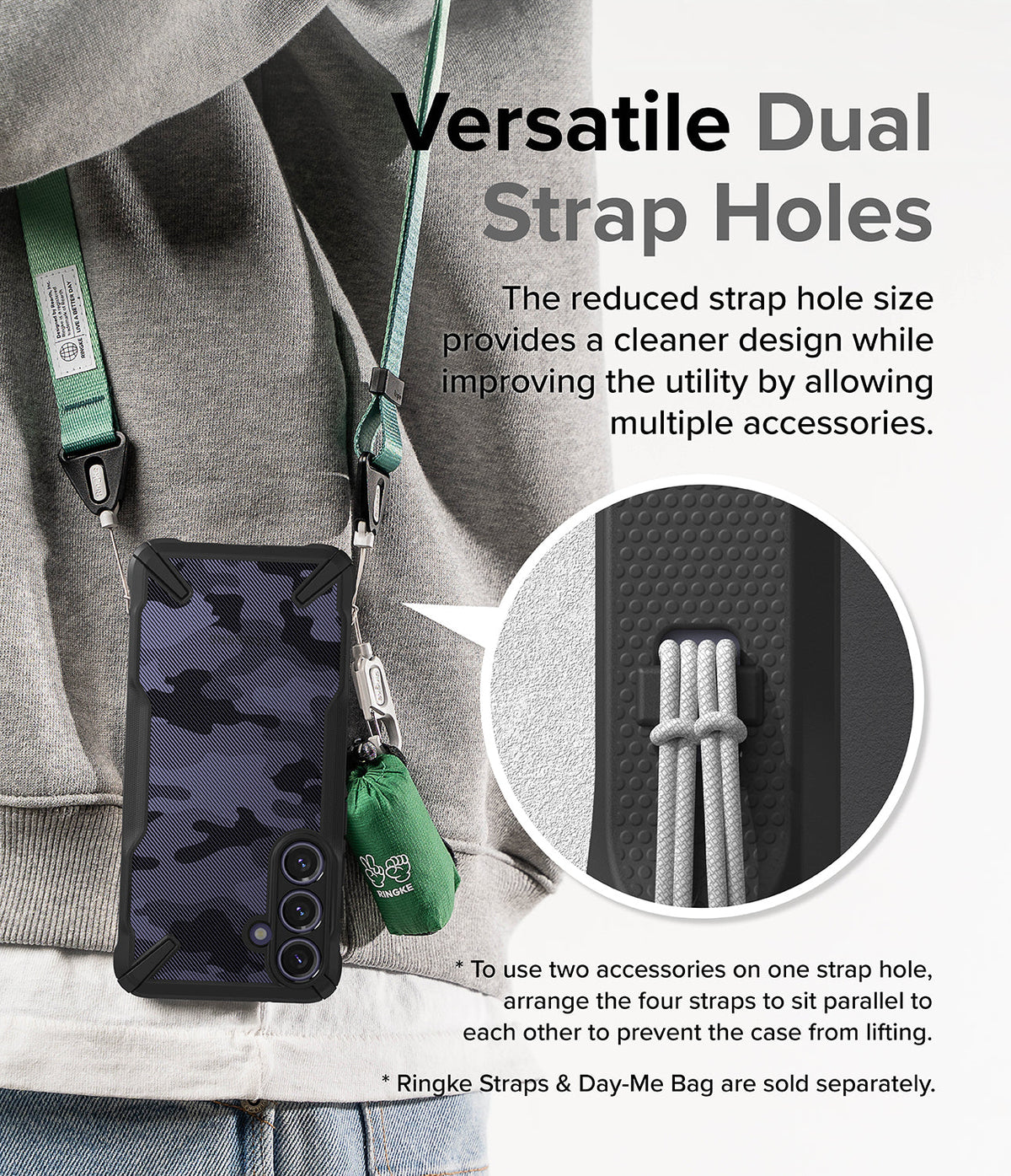 Galaxy S24 Plus Case | Fusion-X - Camo phone case with dual strap holes attached to a green lanyard and small accessory bag.