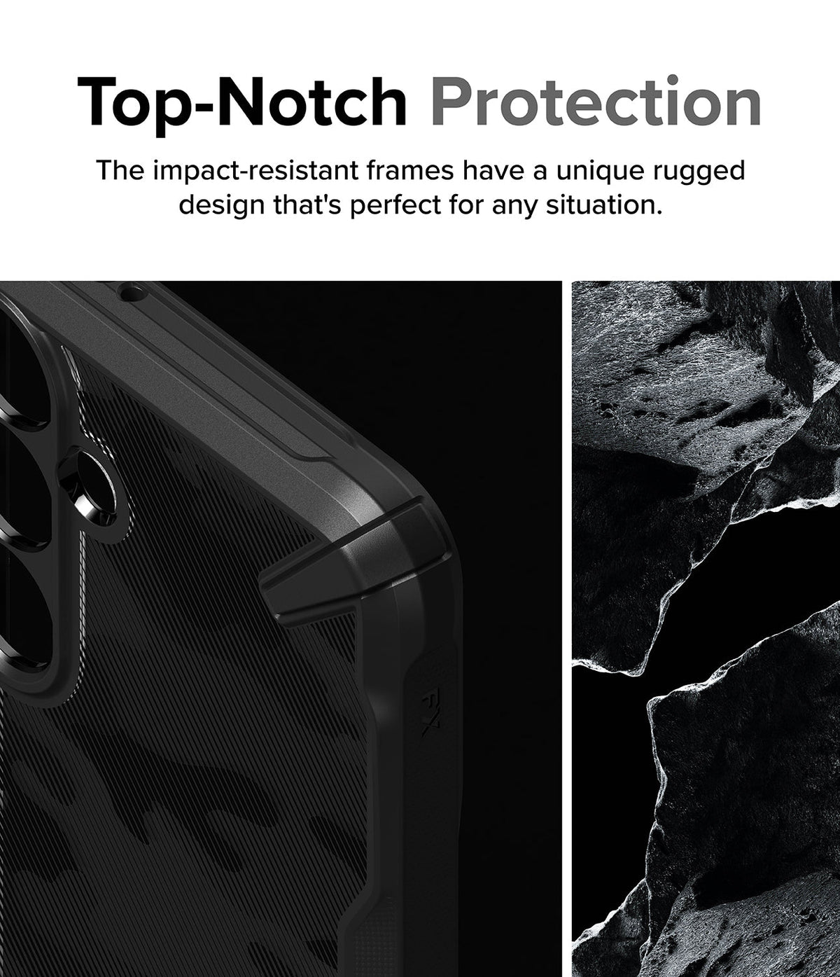 Galaxy S24 Plus Case | Fusion-X - Close-up of a black rugged phone case corner next to a textured rock background.