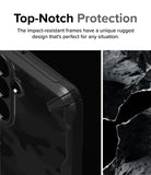 Galaxy S24 Plus Case | Fusion-X - Close-up of a black rugged phone case corner next to a textured rock background.