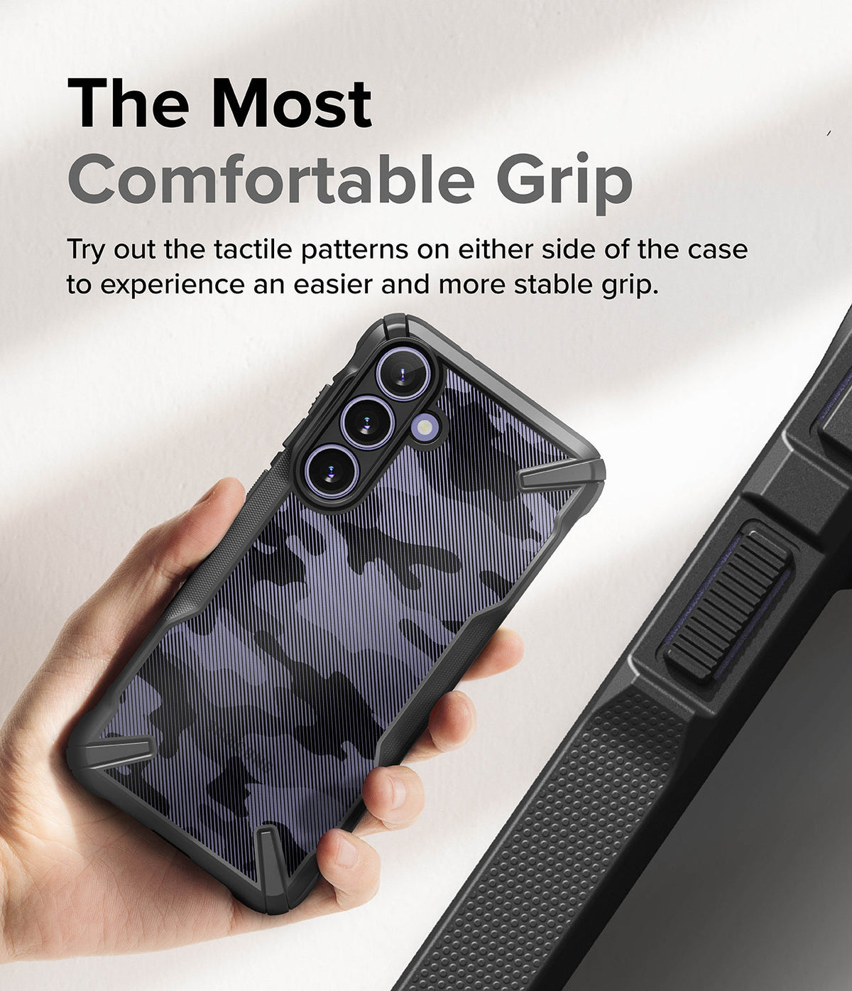 Galaxy S24 Plus Case | Fusion-X - Hand holding a camo-patterned phone case with textured side grips for better stability.