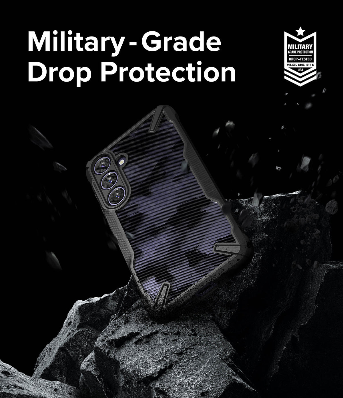 Galaxy S24 Plus Case | Fusion-X - Camo phone case on a rocky surface with text highlighting military-grade drop protection.