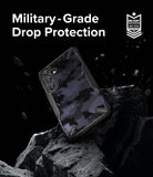 Galaxy S24 Plus Case | Fusion-X - Camo phone case on a rocky surface with text highlighting military-grade drop protection.