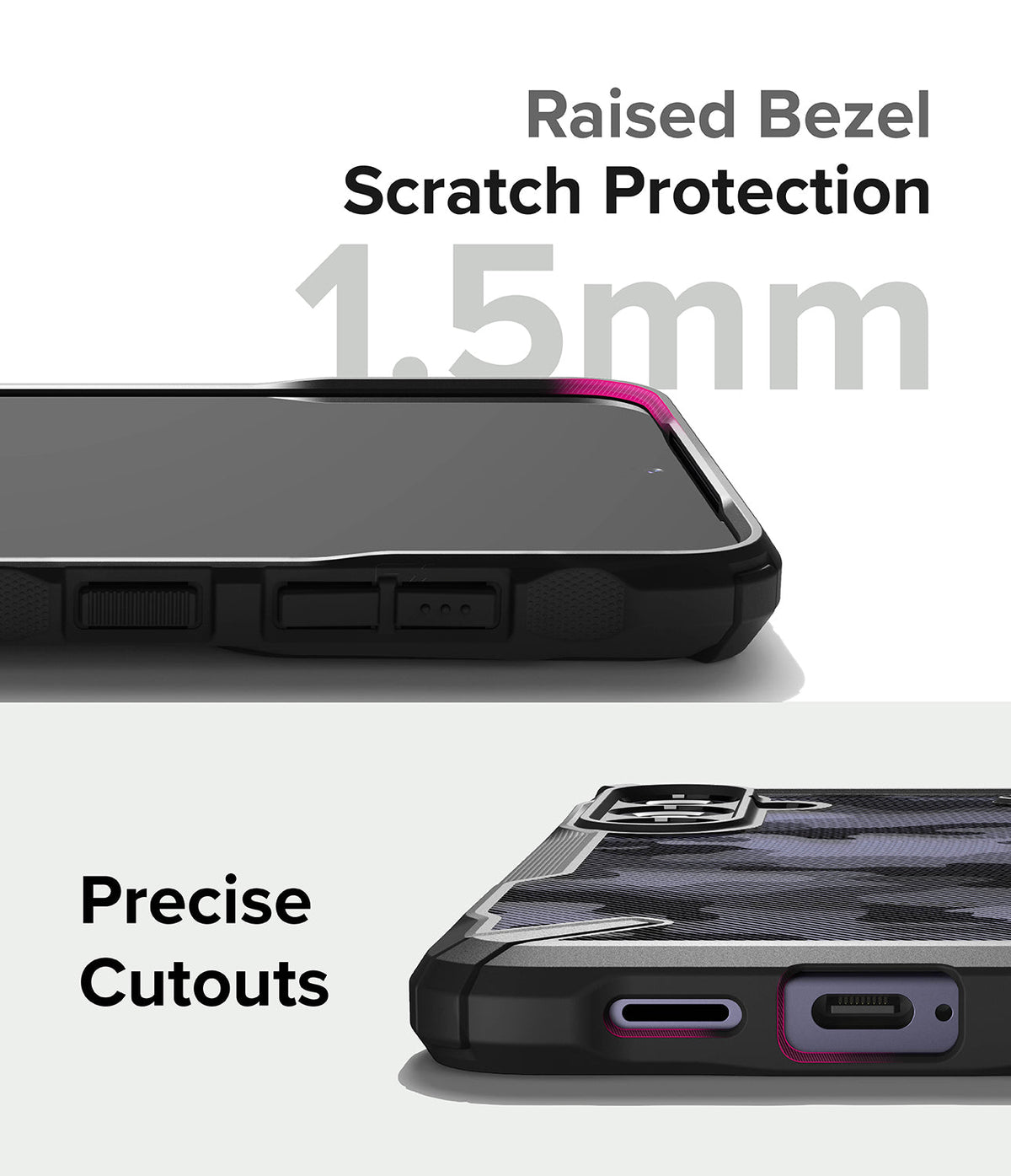 Galaxy S24 Plus Case | Fusion-X - Close-up of phone case showing 1.5mm raised bezel protection and precise port cutouts.