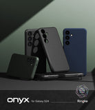 Galaxy S24 Case | Onyx - Multiple textured Onyx phone cases for Galaxy S24 arranged on a dark surface against a green wall.