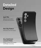 Galaxy S24 Plus Case | Onyx - Black phone case showing TPU material, non-slip micro-dot texture, and lanyard holes.