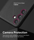 Galaxy S24 Case | Onyx - Close-up of black phone case showing 1.2mm raised camera edges with pink highlights for protection.
