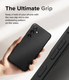 Galaxy S24 Case | Onyx - Hand holding a black textured phone case next to a close-up of its micro-dot non-slip side grip.