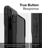 Galaxy S24 Case | Onyx - Close-up of black phone case buttons with notch-cutouts for tactile response and fine aperture lines.