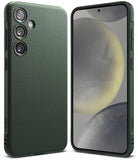 Galaxy S24 Case | Onyx - Front and back view of a textured dark green phone case on a Galaxy S24 with a spherical wallpaper.