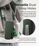 Galaxy S24 Case | Onyx - Green phone case with dual strap holes holding a green lanyard and small accessory bag.