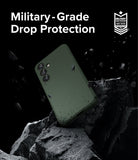 Galaxy S24 Plus Case | Onyx - Dark green phone case floating above jagged rocks with military-grade drop protection text.