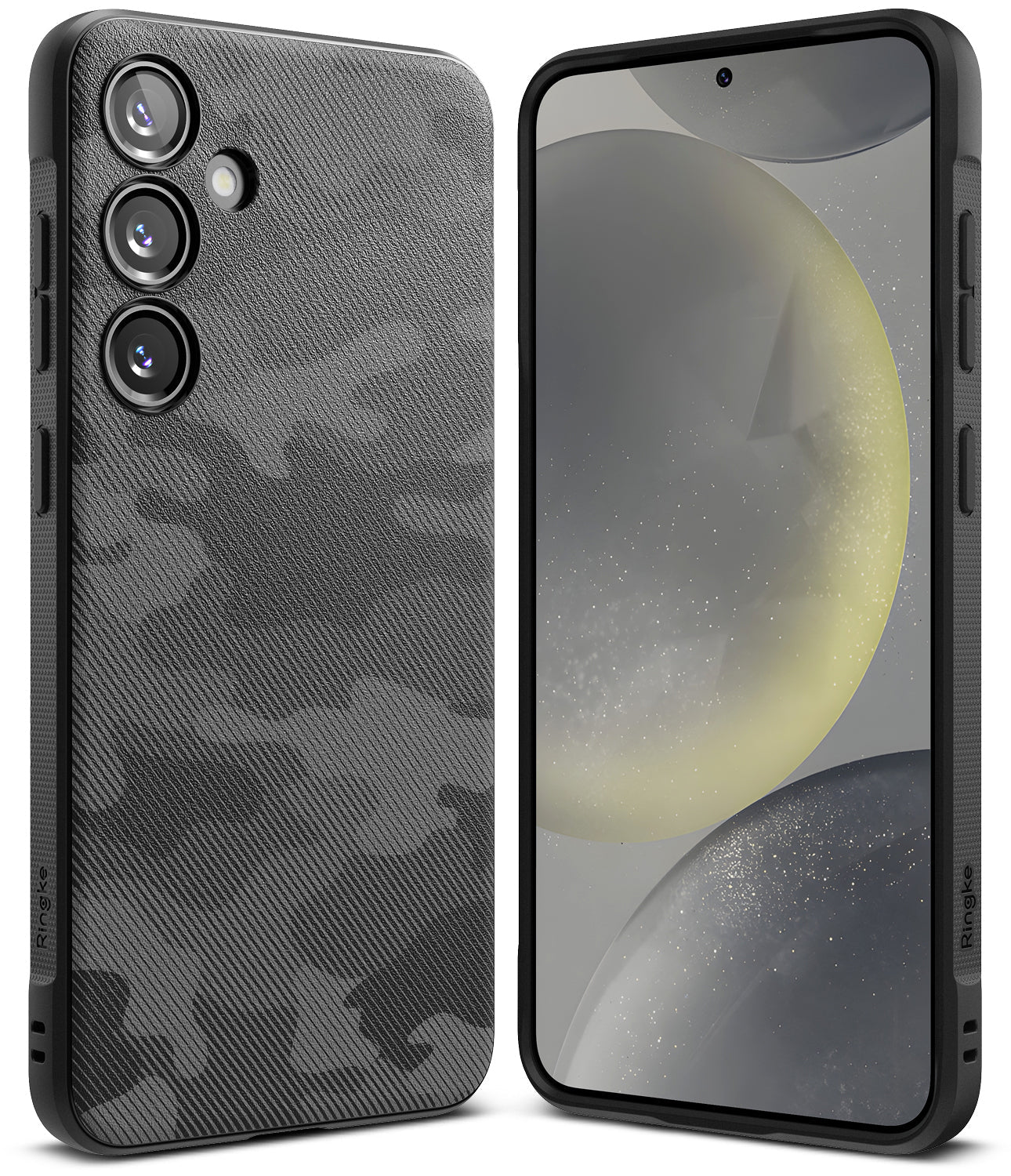 Galaxy S24 Case | Onyx Design - Black phone case with textured camo pattern, showing back camera layout and front screen.