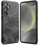 Galaxy S24 Plus Case | Onyx Design - Black smartphone case with a textured camo pattern, shown from front and back.