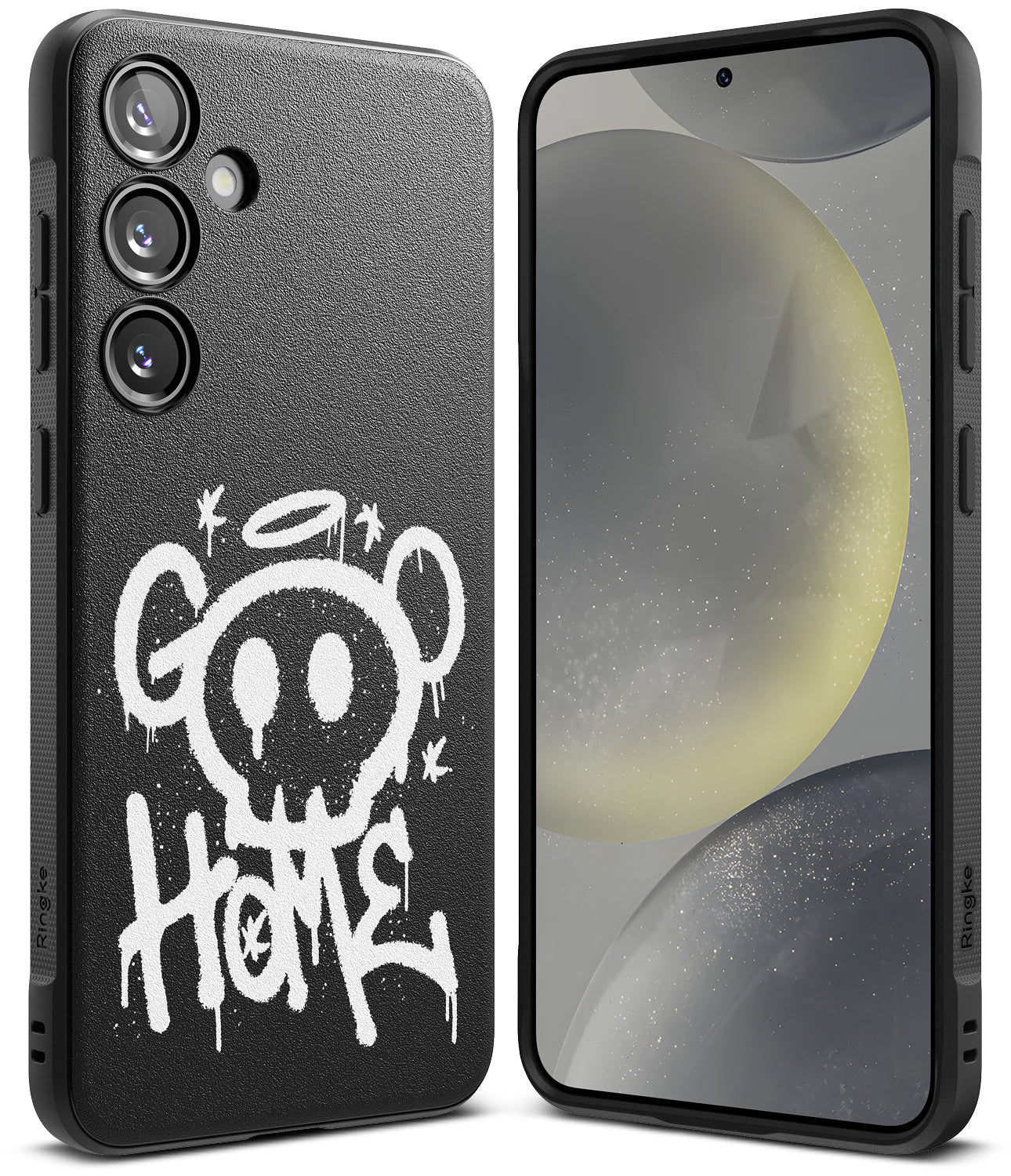 Galaxy S24 Case | Onyx Design - Black phone case with white graffiti skull art and matching phone front view.