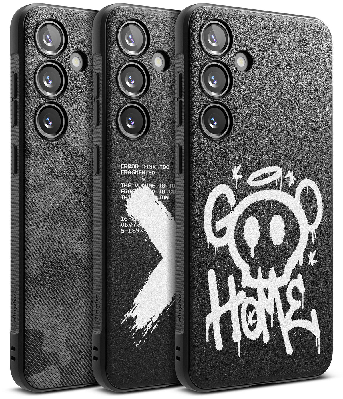 Galaxy S24 Plus Case | Onyx Design - Three black phone cases with camo, text, and graffiti skull designs.