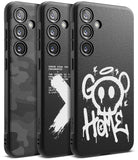 Galaxy S24 Case | Onyx Design - Three black phone cases with unique white graffiti and text designs on the back.