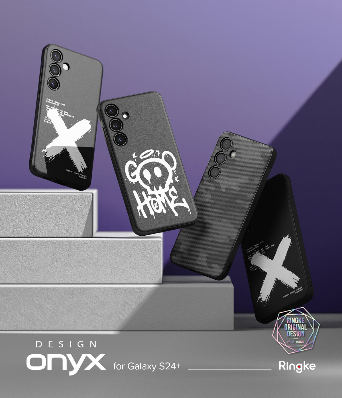 Galaxy S24 Plus Case | Onyx Design - Four Galaxy S24+ phone cases with unique graphic designs floating above white blocks.