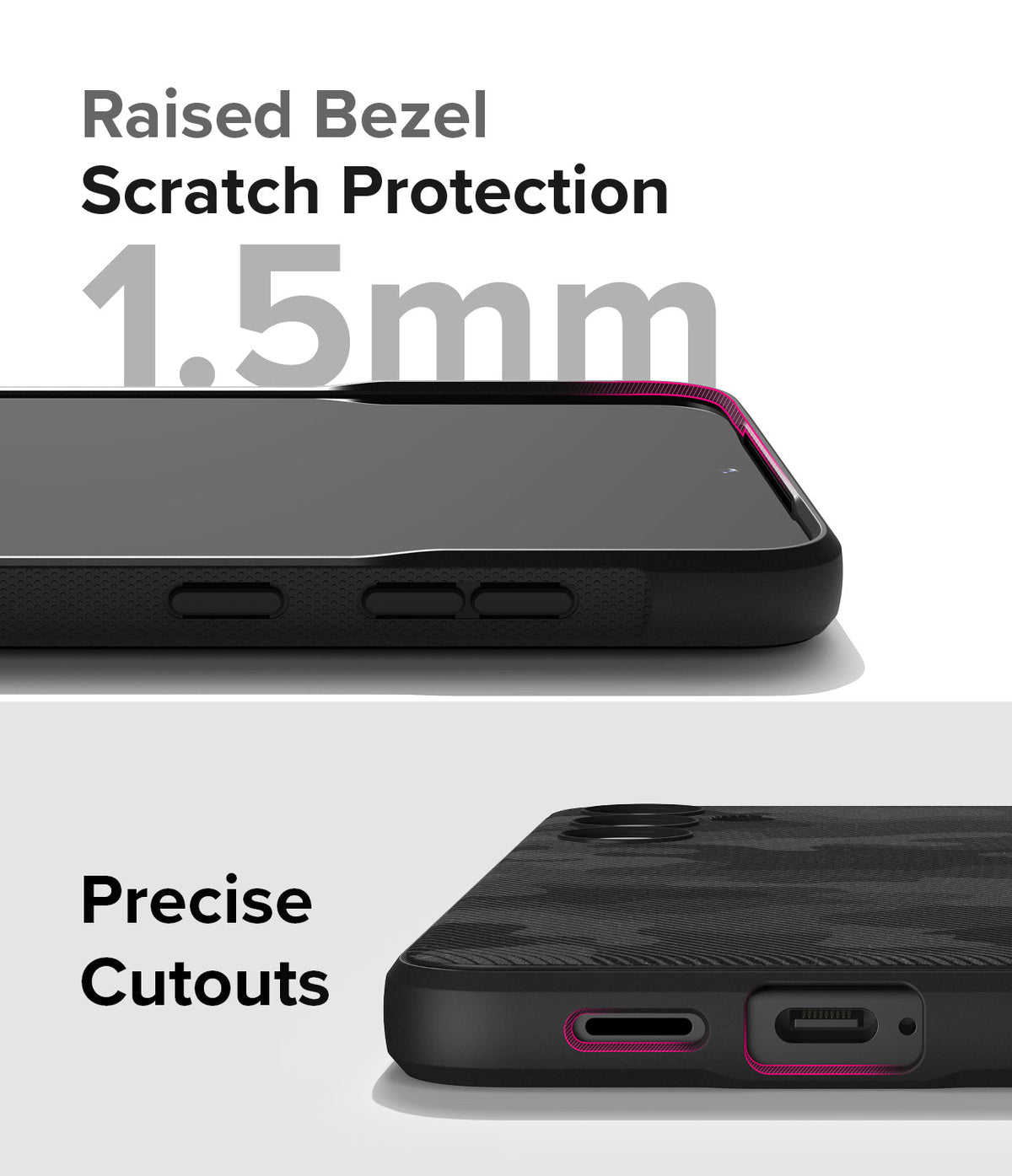 Galaxy S24 Plus Case | Onyx Design - Close-up of phone case showing 1.5mm raised bezel protection and precise port cutouts.