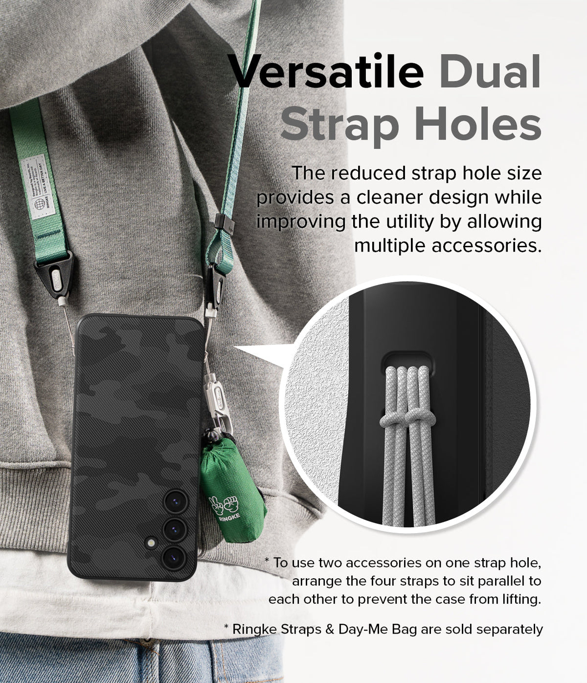 Galaxy S24 Plus Case | Onyx Design - Black camo phone case with dual strap holes, showing accessories attached via straps.