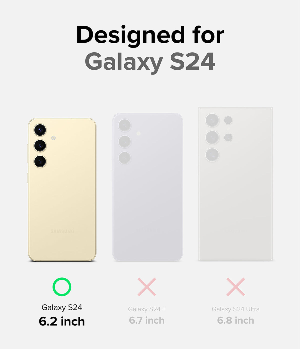 Galaxy S24 Case | Onyx Design - Comparison chart showing Galaxy S24 is compatible, while S24+ and S24 Ultra are not.