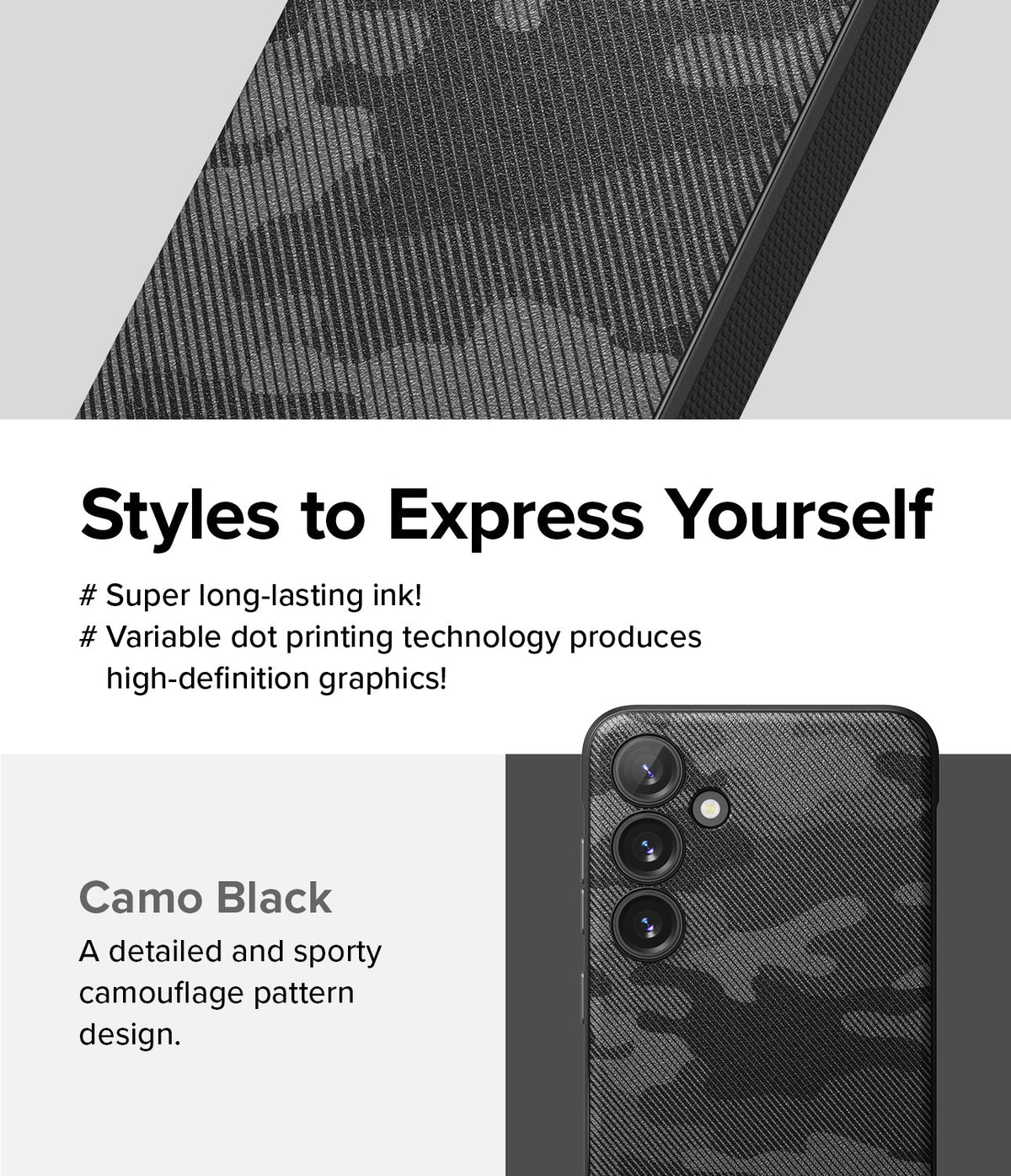 Galaxy S24 Plus Case | Onyx Design - Black camouflage phone case with high-definition textured pattern and camera cutout.